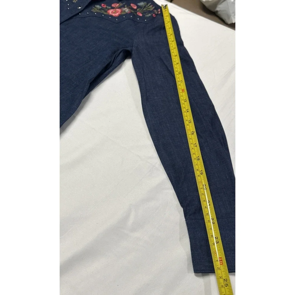Kate Spade Women XXS Floral Embroidered Chambray‎ L/S Shirt Blue Denim Western